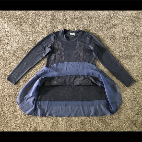 LOGO Lounge Top XS Jersey Knit Chiffon Flared Hem Embroidered Boho Pullover - Picture 7 of 12